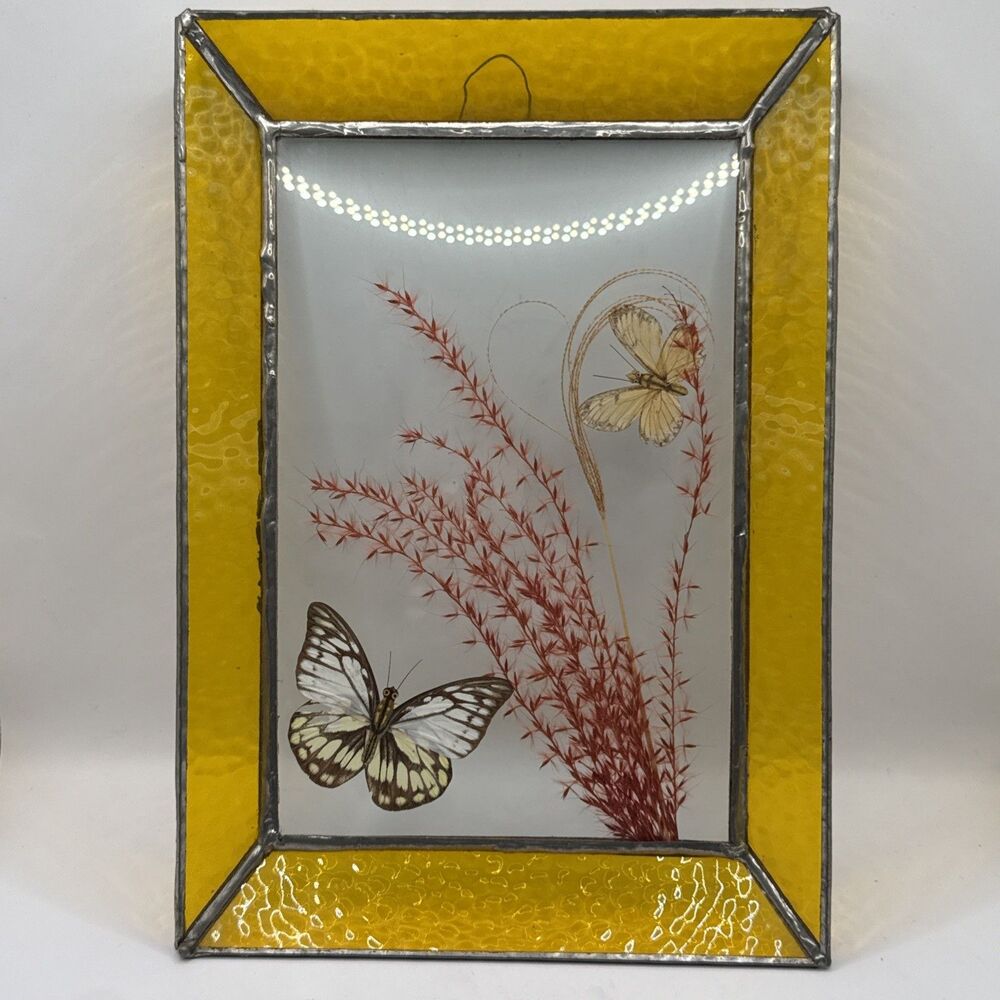 Vintage Stained Glass Yellow Orange Pressed Flowers Butterfly Window Panel